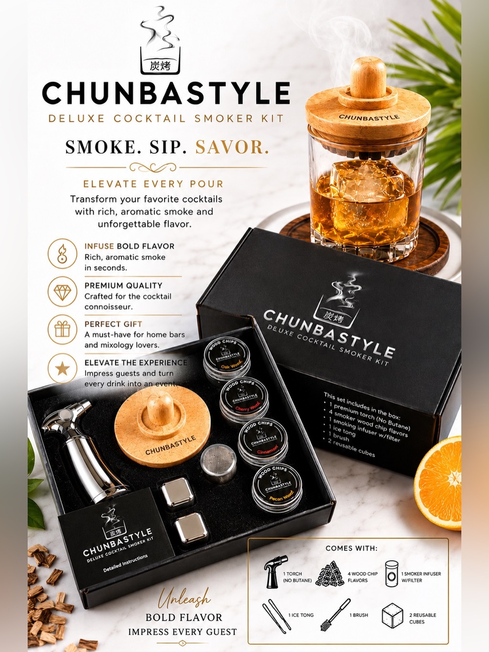 CHUNBASTYLE Deluxe Cocktail Smoker Kit - Wood & Stainless Finish